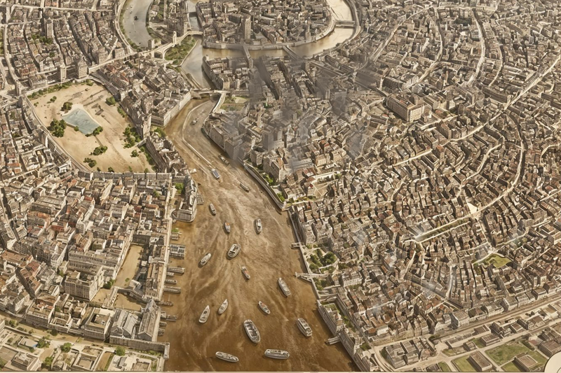 Ankh-Morpork from above, in sepia: the river winds brown through the packed city with barges on it, and in the animation the water still moves. This is the Ankh before the spring it sets.