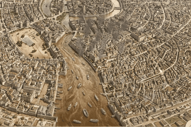 Ankh-Morpork from above, in sepia: the river winds brown through the packed city with barges on it, and in the animation the water still moves. This is the Ankh before the spring it sets.