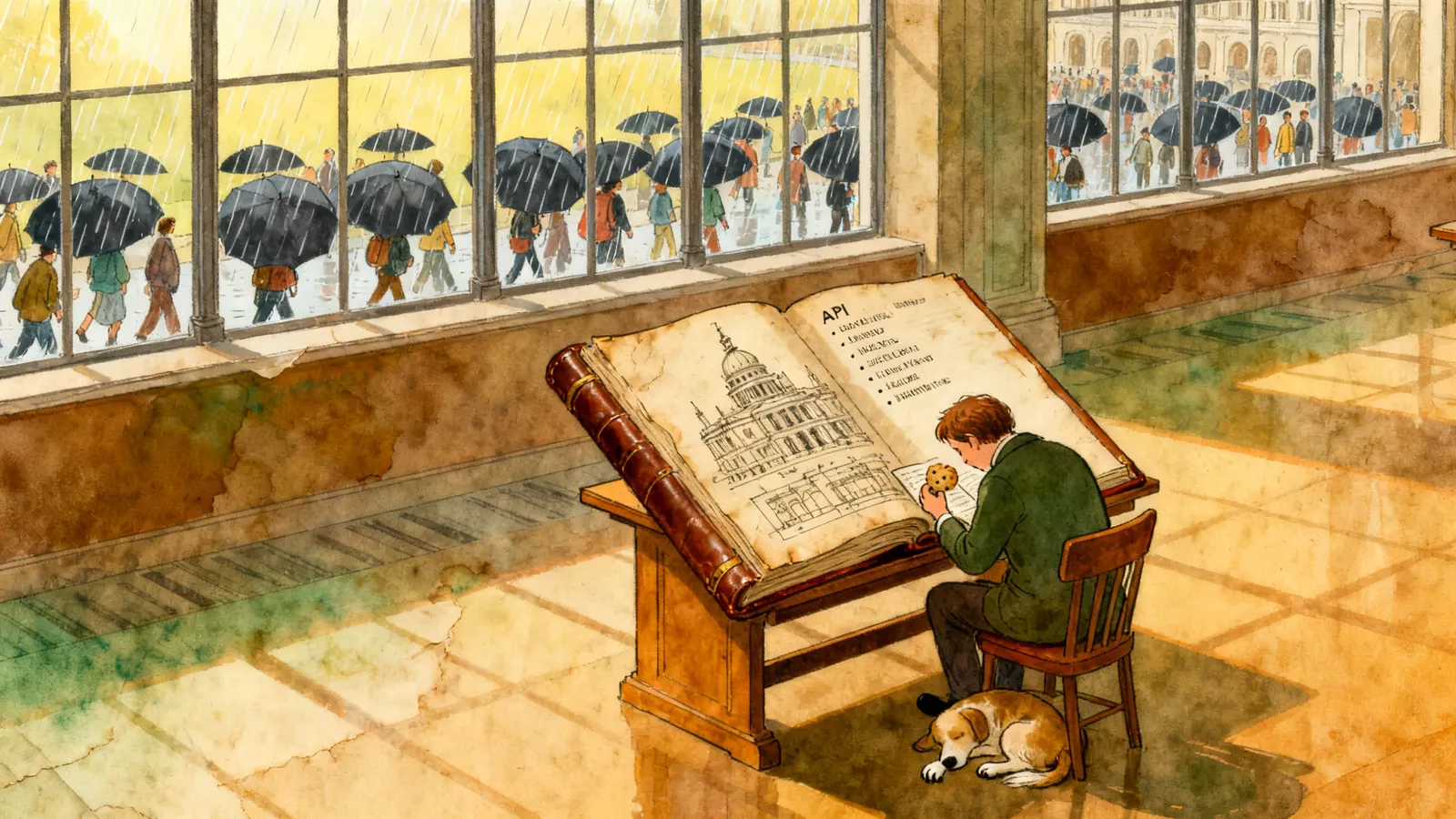 A figure at a small desk in a high-ceilinged reading room, reading with the quiet satisfaction of someone who has found exactly the book they wanted; through the tall windows, crowds of other figures drift past, half-dissolving into a cheerful drizzle, their attention already elsewhere. The reader is entirely unbothered.