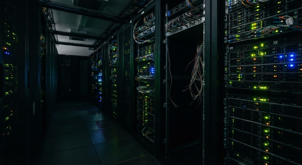 A dark server room aisle. Racks recede on both sides, their equipment picked out in rows of small green and blue indicator lights, with bundled patch cables looping across the front of each cabinet. One bay in the middle of the right-hand row stands empty and unlit, a loose handful of cables hanging down it, connected to nothing.
