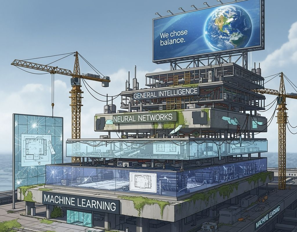 A futuristic building in the shape of a data stack, with each layer representing a halted phase of AI development: machine learning, neural networks, general intelligence. Each level more incomplete than the last. Signs of abandonment, cranes frozen mid-air, architectural plans strewn across a cracked smart glass wall. Above, a billboard shows a serene Earth with the slogan: “We chose balance.