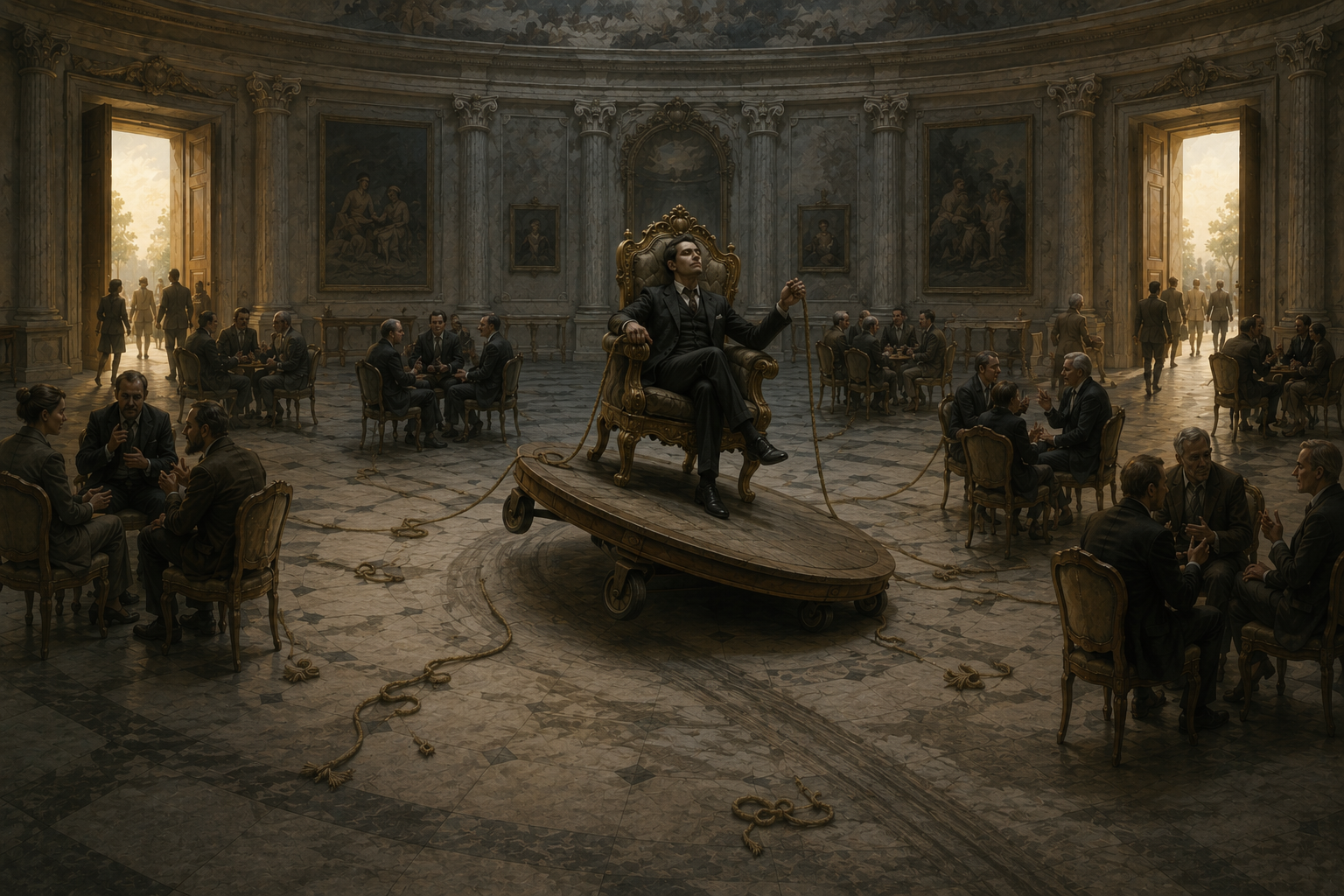 A lone figure seated on an ornate throne-like chair at the centre of a grand hall, gripping the armrests with the confident posture of someone who believes the room revolves around them. The chair stands on a circular dais, but the dais is wheeled and slightly tilted, beginning to roll away unnoticed. All around, smaller groups of figures have turned their chairs to face one another in tight conversational clusters, forming their own little circles, none of them looking at the central figure. A few have already drifted toward the open doors, where soft daylight spills in. The central figure holds a length of rope that once tethered the surrounding chairs, but the rope is slack and the knotted ends have quietly come loose on the floor.