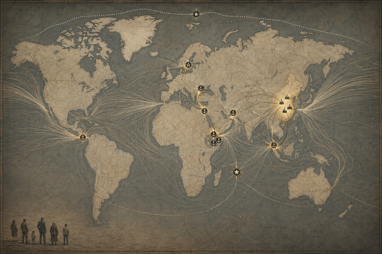 A world map in the muted, slightly aged style of an old commercial atlas, deep greys and warm parchment tones, no bright colours. The landmasses are plain and understated, deliberately unremarkable. The eye is drawn instead to the chokepoints: a handful of narrow sea passages marked with subtle bright constrictions, like a ribbon pinched between two fingers, at the Strait of Hormuz, the Strait of Malacca, Bab-el-Mandeb and Suez, the Panama Canal, the Danish and Turkish straits. Thin flowing lines of shipping traffic stream across the oceans and visibly bunch and narrow as they squeeze through each pinch point, thick and tangled at the straits, thin elsewhere. At several of these pinch points sits a small, discreet military marker, a simple anchor or star symbol with a faint defensive ring around it, showing a base or fleet holding the passage: one at Hormuz, one in the middle of the Indian Ocean at Diego Garcia, one at the mouth of Bab-el-Mandeb near the Horn of Africa where several such markers cluster together uneasily, one at Panama. Over the landmass of China, a different marker: not a passage but a cluster of small refinery and smelter symbols glowing faintly, with dispersed thin ore-lines from Africa, South America and Australia all converging into that single cluster, showing the scattered sources funnelling into one processing hub. Across the Arctic top of the map, a faint dotted route curves over the pole, bypassing the pinch points below, marked discreetly as the northern passage, with a single marker of its own. In one corner, almost incidental, a few small human figures rendered very small and plain, standing apart from the grand map, suggesting the people downstream of the passages who never appear on it.