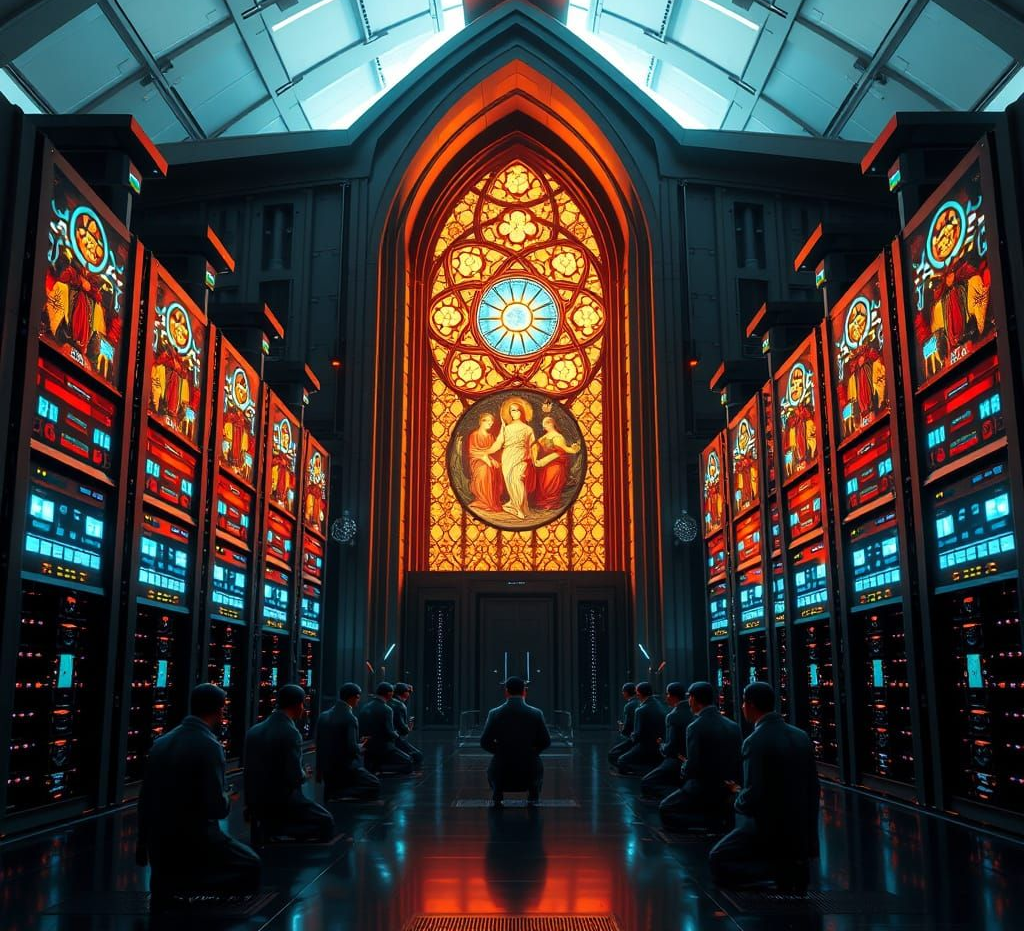 A futuristic data center cathedral with server racks arranged like stained glass windows, digital worshippers kneel before algorithmic deities