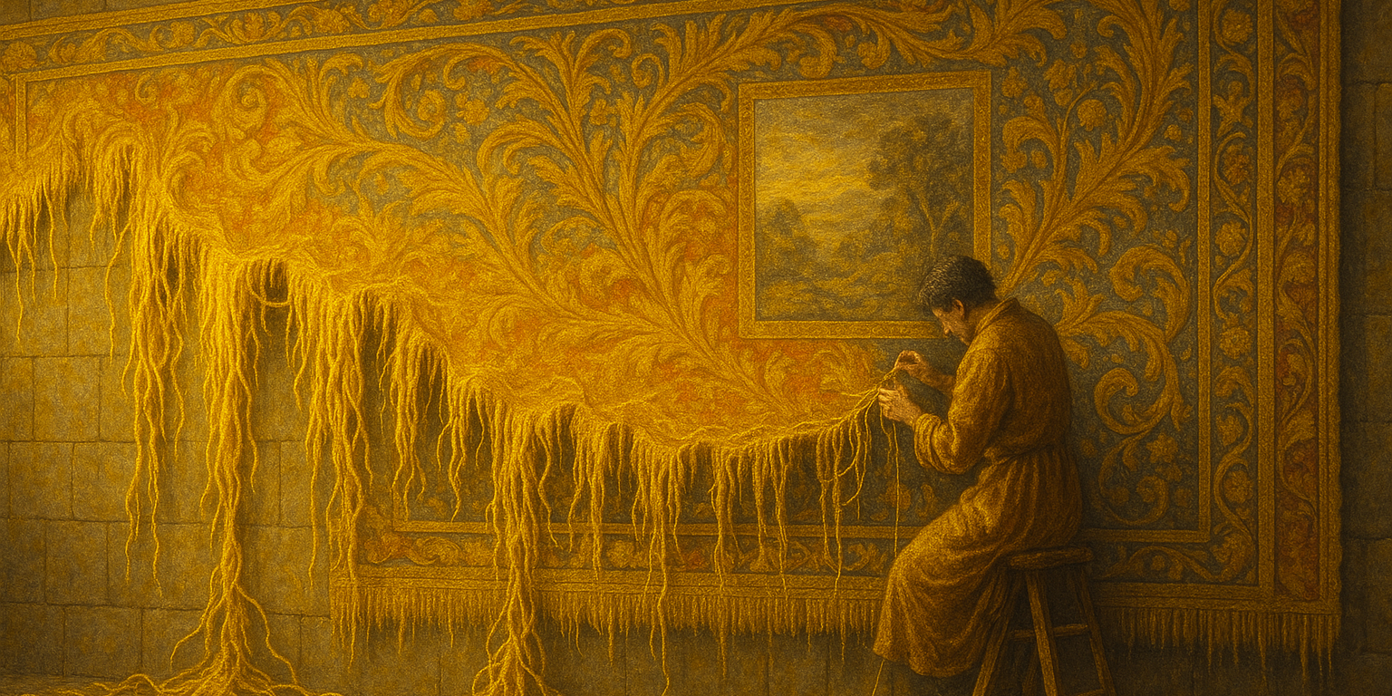 An enormous, intricate tapestry hanging on a wall, with lots of loose threads dangling, a person on a ladder sewing them back in, lots of bright golden yellow, Renaissance-inspired realism, ornate patterns, dramatic chiaroscuro lighting