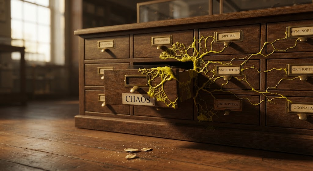 A museum taxonomy cabinet of dark wooden drawers with brass label holders, seen slightly from above in low afternoon light. Every drawer is shut and neatly labelled in Latin except one, marked CHAOS, which stands open. A lemon-yellow slime mould has crept out of it and across the fronts of the neighbouring drawers, its veins following the brass label plates from one to the next like a rail map. On the floor below, out of focus, a single oat flake.