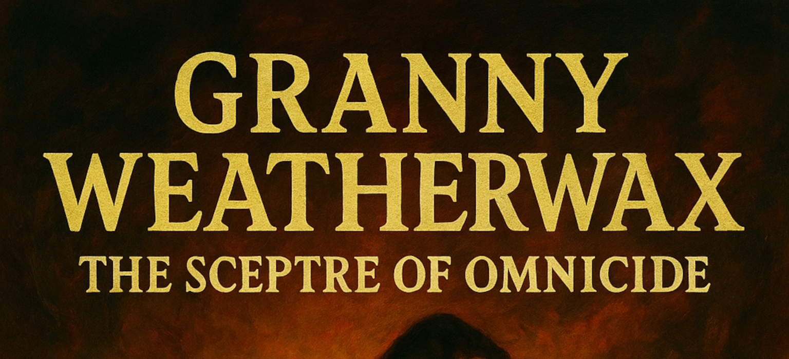 Granny Weatherwax, clad in a long, woven black dress and pointy hat, grasping the Sceptre of Omnicide