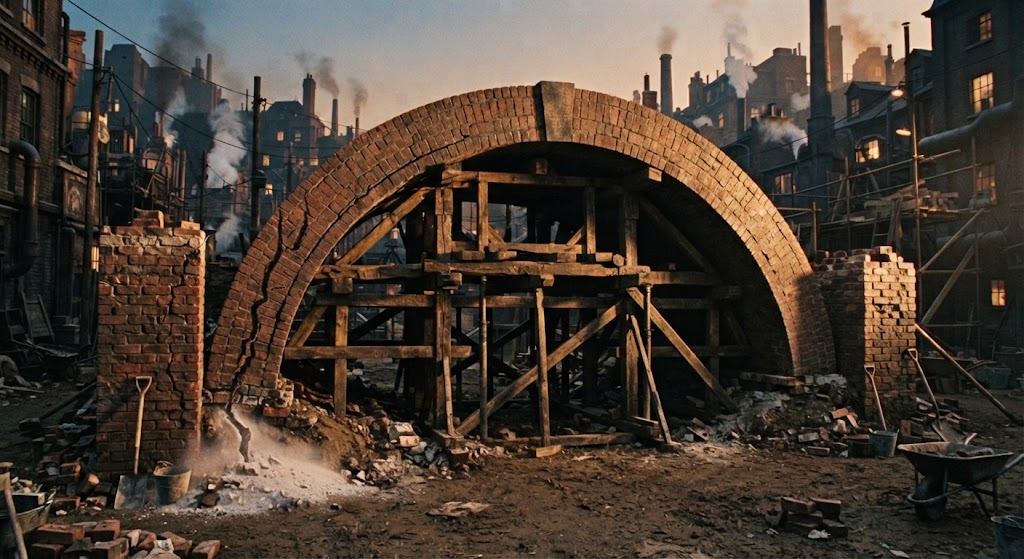 A brick arch photographed from the side in low raking light, complete and standing, each half leaning inward against the other over the gap. Beneath it the timber centring that shaped it during construction is still in place, its props resting on bare earth. Under one springing the ground has settled and a hairline crack runs up into the brickwork from that foot.