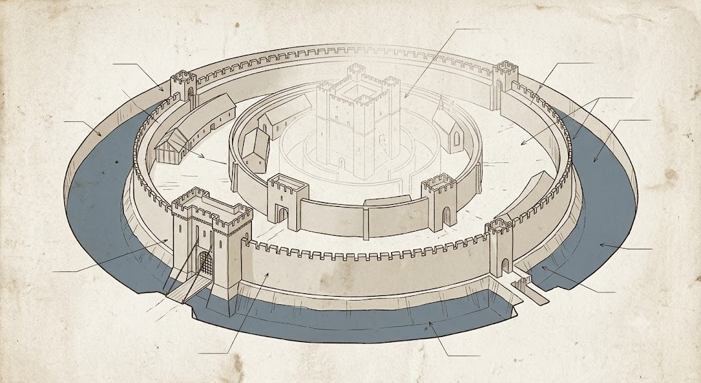 Cross-section illustration of a medieval castle's concentric defences seen from above at a slight angle: moat, outer wall, gatehouse, courtyard, inner keep