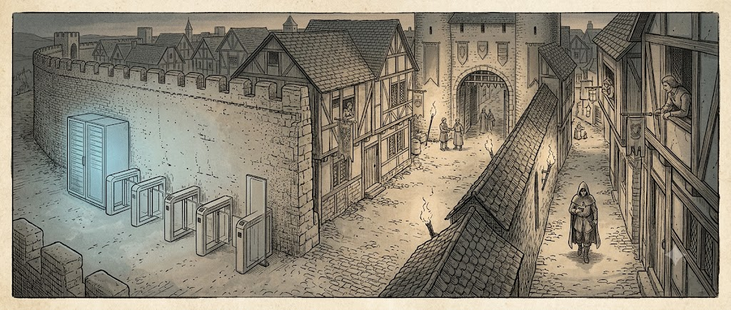 A walled medieval city at dusk seen from slightly above, gates standing open, lantern-lit lanes, guild banners hanging from timbered houses, small figures greeting one another at the gate and leaning from windows to watch a lone stranger in the lane. One long section of the city wall has been replaced by an incongruous row of sleek modern turnstiles and a faint blue-glowing server cabinet.