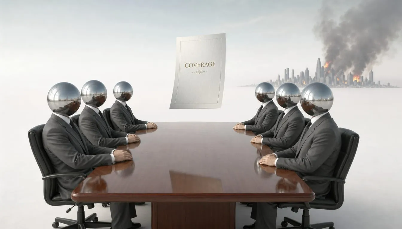 A boardroom with no walls, floating in calm white space. Six figures in identical grey suits sit around a long polished table, each with a smooth mirrored orb where their head should be, nodding politely at a single document hovering above the table