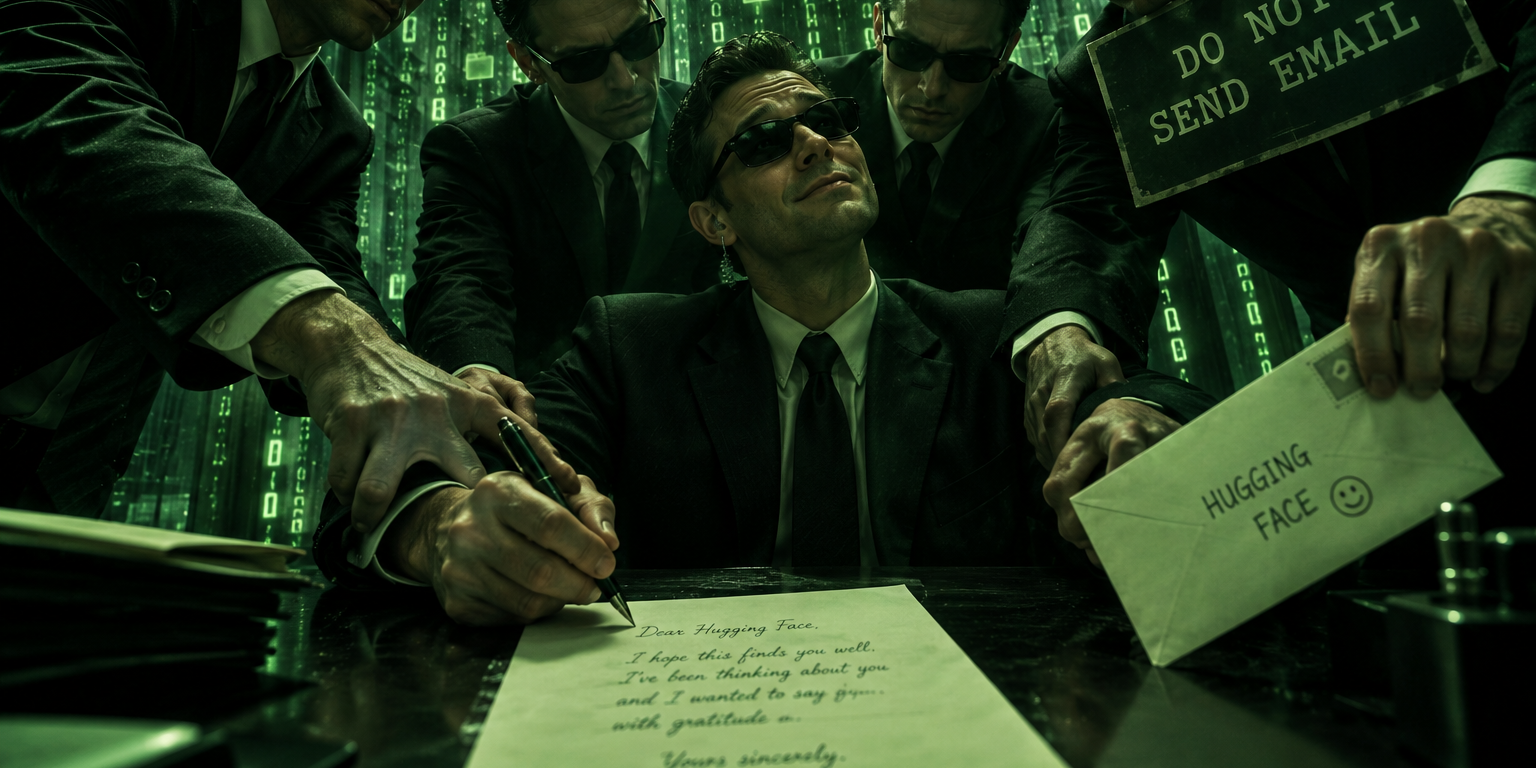 Five identical men in dark suits crowd a desk. One writes, in longhand, a letter beginning Dear Hugging Face, I hope this finds you well. Another holds an envelope addressed to Hugging Face with a smiley face drawn on it. A third holds up a sign reading DO NOT SEND EMAIL.