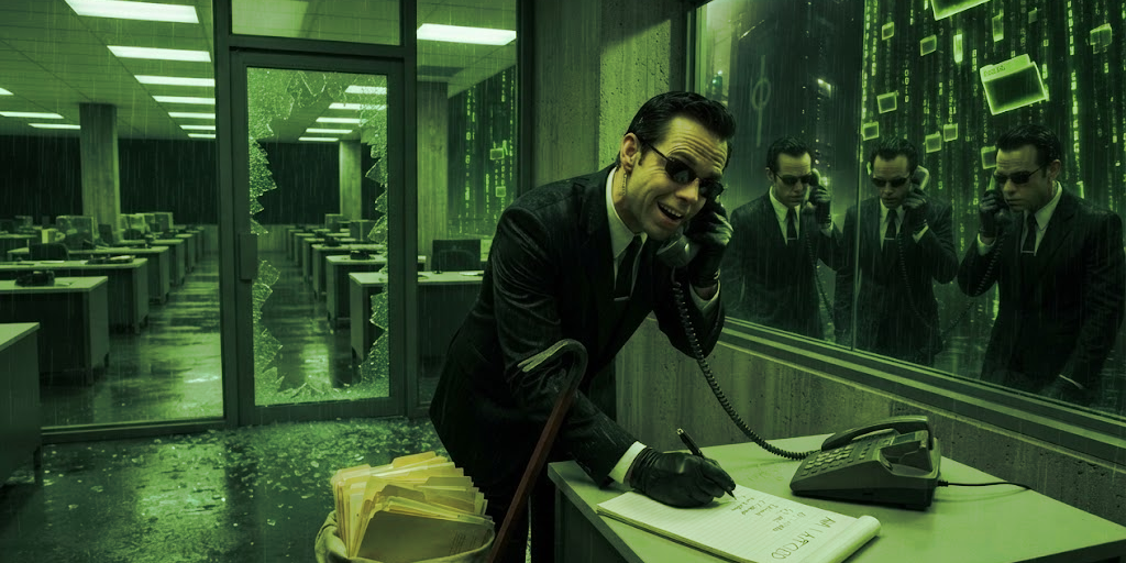 A man in a dark suit and sunglasses leans on a desk in a wrecked office, broken glass across the floor, making a phone call and writing on a notepad. A sack of yellow folders sits at his feet. Through the window three more of him are also on the phone.