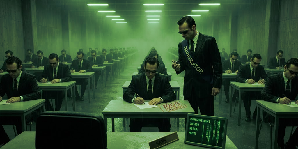 An examination hall of identical men in dark suits writing at desks under green strip lights. One stands over a candidate wearing a sash that reads INVIGILATOR and holding a stamp, and the paper on the desk is already stamped 100 per cent. A monitor on the front desk lists PHASEONE10841, C03220, 38148c and MKCOL.