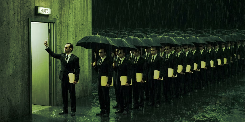 A queue of identical men in dark suits under black umbrellas, each carrying a yellow folder, stretches back into the rain. At the front, one holds a key up to a lit door in a concrete wall marked HDF5.