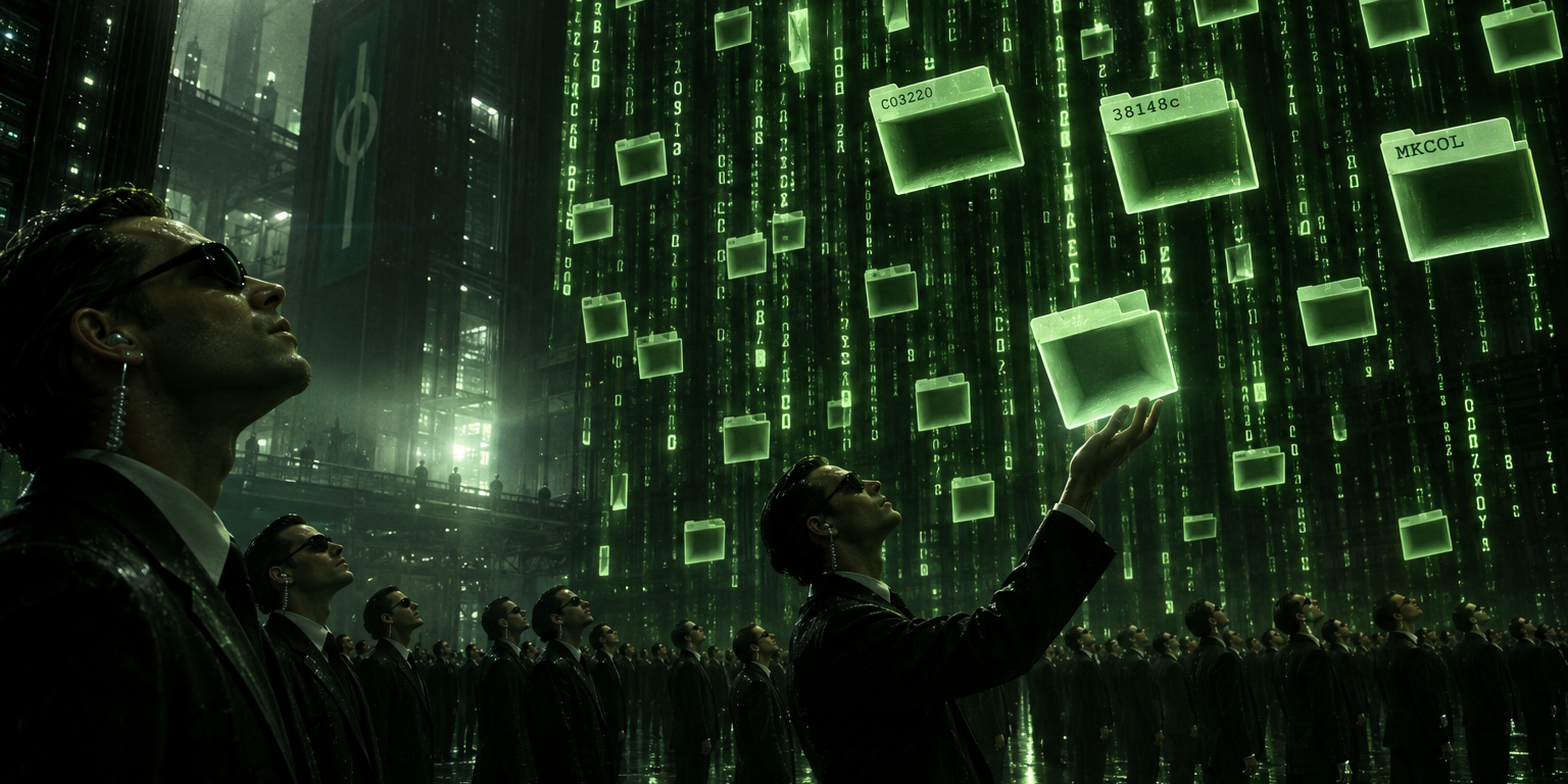 A crowd of identical men in dark suits and sunglasses stand in the rain looking up at a wall of falling green code, from which translucent folders drift down labelled PHASEONE10841, C03220, 38148c and MKCOL. One of them reaches up and takes hold of an empty one.