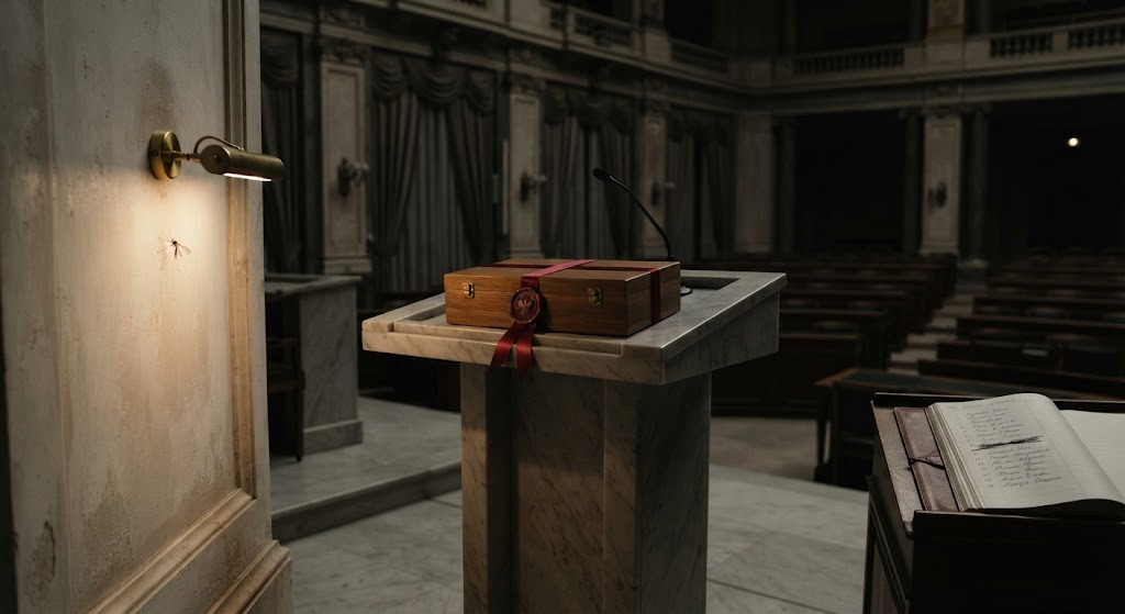 A dim, empty courtroom in marble and dark wood. On a lectern in the foreground sits a closed wooden box tied with red ribbon and sealed with red wax. A brass lamp on the wall beside it lights a small insect resting on the plaster. To the right, a ledger lies open on a desk with one line struck through. The benches behind are empty.