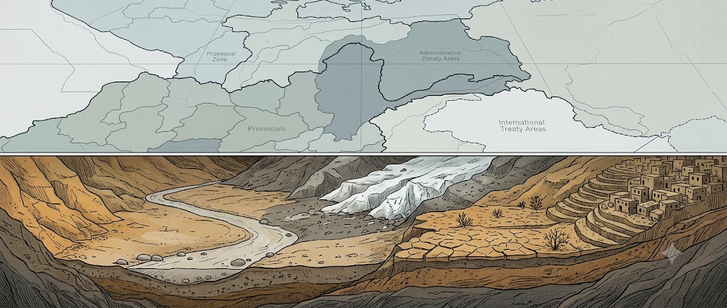 A stylised map of a contested border region shown above a cutaway cross-section of the ground beneath it. The upper map shows clean diplomatic borders and labels; the lower section reveals a dry riverbed, a retreating glacier, cracked farmland, and a crowded hillside, with a thin line dividing the two layers.