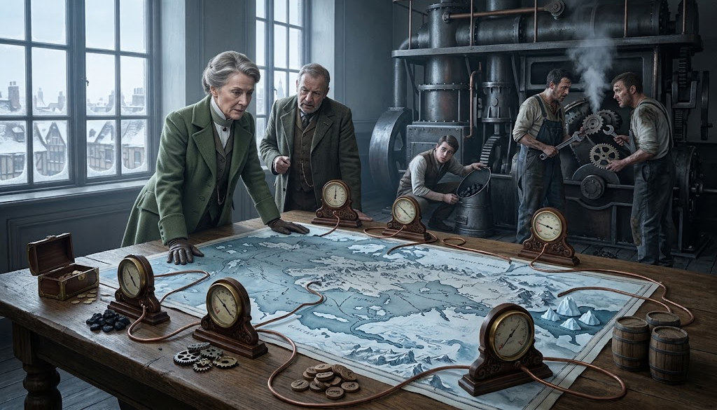 A grey-haired woman in a green coat and an older man lean over a long table spread with a pale blue map of a frozen coast. Six brass dials stand on the map, joined by copper tubing; around them lie a small chest of coins, lumps of coal, gears, stacked coins, ice floes and two barrels. Behind them three workmen tend a steam engine: one fills a bucket with coal, two work at its gears with a spanner while steam escapes. Tall windows look onto snow-covered rooftops.