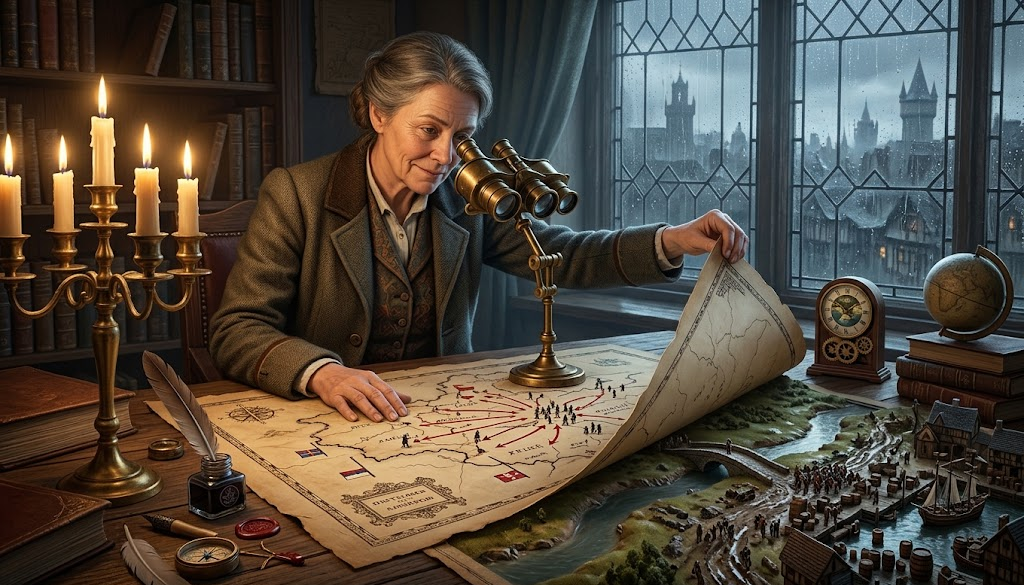 A grey-haired woman in a tweed jacket sits at a candlelit desk, lifting the corner of a parchment war map drawn with red arrows and marching figures and looking through a brass viewer on a stand. Under the map lies a model landscape: a river, a stone bridge, timber houses, barrels, boats at a quay, and crowds of tiny figures. A quill and inkwell, a wax seal and a compass lie on the desk; a clock and a globe stand on books by a leaded window onto a rain-dark city of spires.