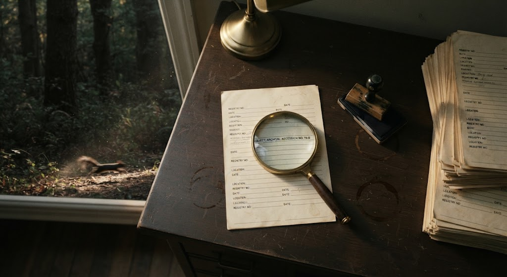 A records office desk seen from above, in low afternoon light. A form lies under a magnifying glass that enlarges one printed line to perfect sharpness; a rubber stamp and an ink pad sit beside it, and a tall stack of identical forms waits at the edge. Past the desk, out of focus, a window opens onto dense woodland, and something small has just moved in the undergrowth.