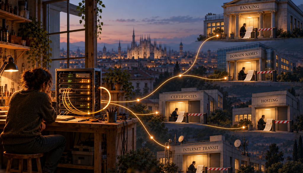 Dusk over Milan, the cathedral lit on the skyline. In a workshop by an open window a person in a heavy jumper sits at a wooden bench beside a small rack of blinking servers. Glowing cables run from the rack across the hillside to five stone buildings labelled Banking, Domain names, Certificates, Hosting and Internet transit. In each, a clerk sits reading a long paper list, and a red-and-white barrier stands lowered across the doorway.