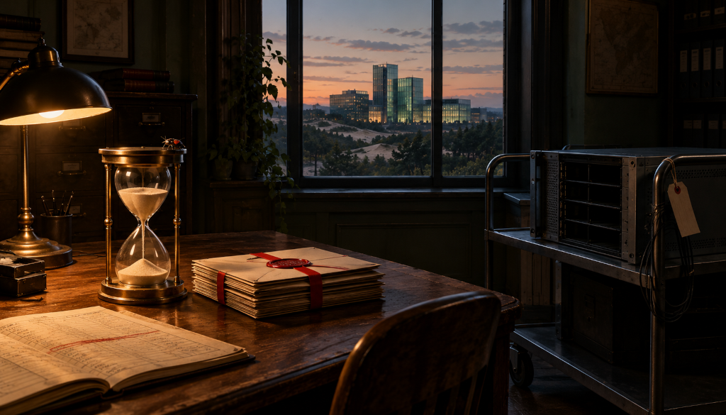 A dim records office at dusk. Through a tall window, the towers of a court building stand among dunes and pines. On a wooden desk a brass hourglass runs, beside a stack of envelopes tied with red ribbon and sealed with red wax, and an open ledger with one line struck through. A small insect rests on the hourglass. To the right, a steel trolley holds a grey server with an evidence tag and empty drive bays.