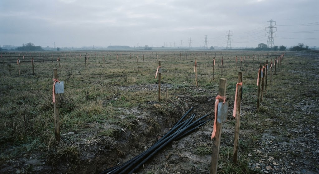A wet, flat field under a grey winter sky, marked out in rows of wooden stakes, each tied with orange tape and a small metal tag. In the foreground a shallow trench holds a bundle of black cable ducting, not yet buried. Pylons and power lines cross the horizon.