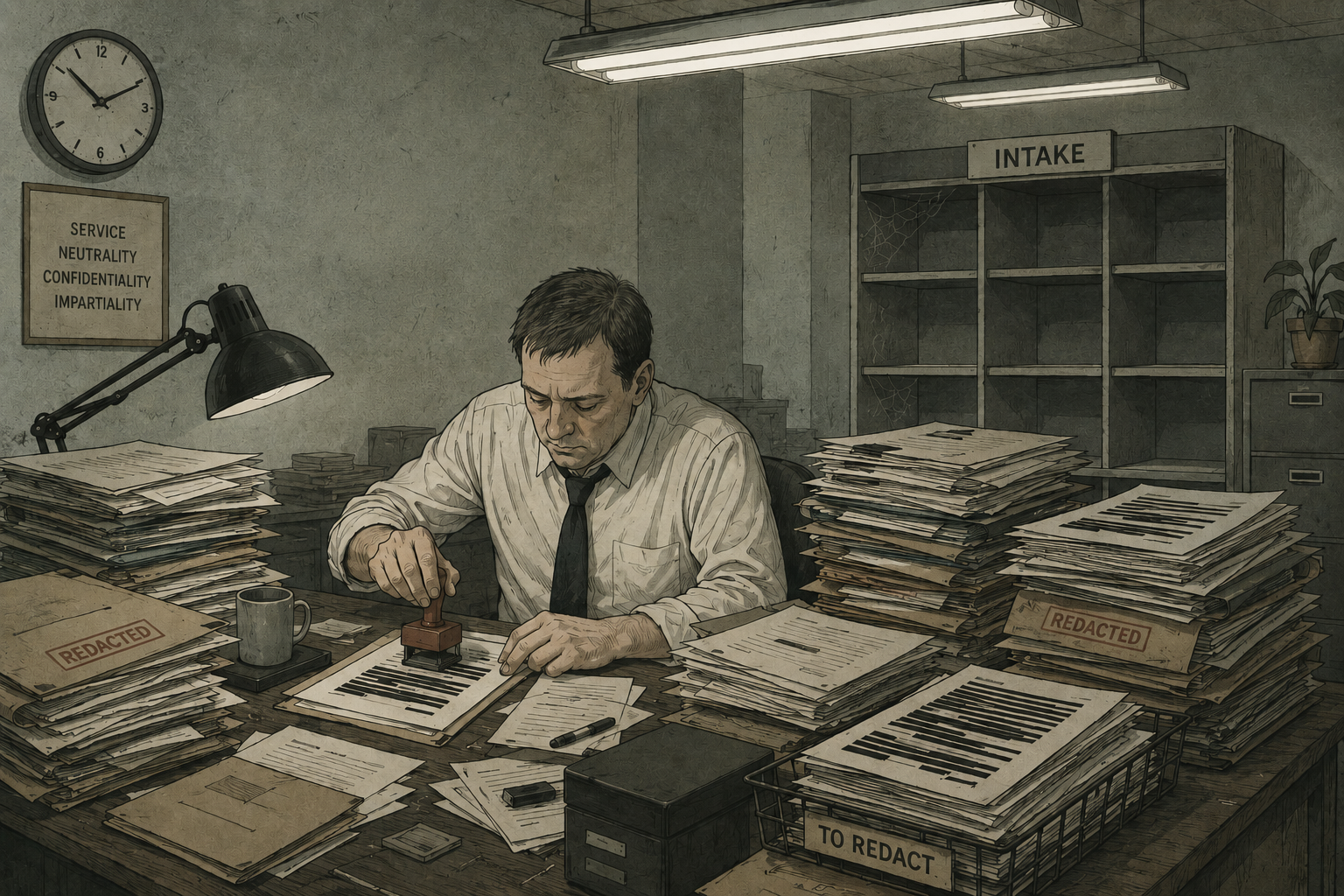 A single weary civil servant at a cluttered government desk, buried under towering stacks of paper documents and redaction folders, frantically rubber-stamping and blacking out pages. In the background, an empty pristine filing system labelled 'intake' sits untouched and gathering dust.