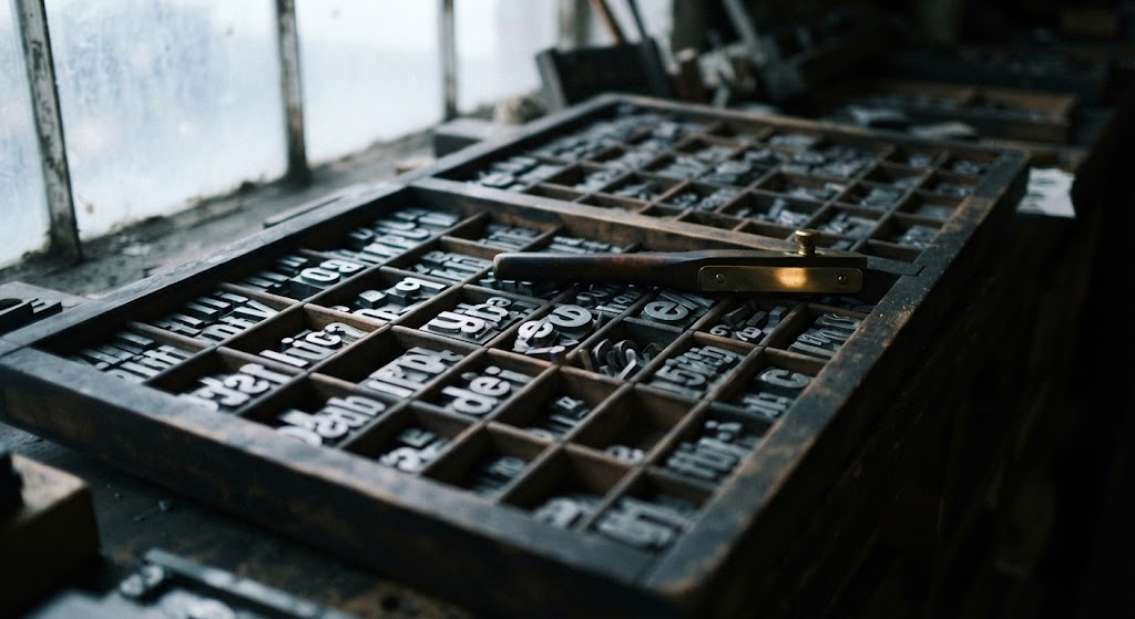 A wooden letterpress type case, close up, partly in shadow. Every compartment holds metal type except one, which is not empty but has been filled with type from the neighbouring compartment, so that no gap is visible unless one looks closely. A compositor's stick rests on the case.
